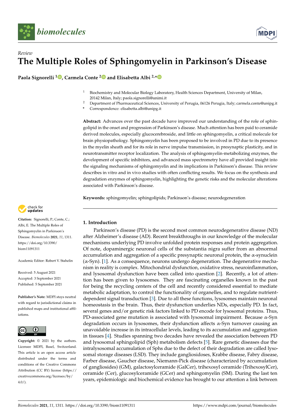 The Multiple Roles of Sphingomyelin in Parkinson's Disease