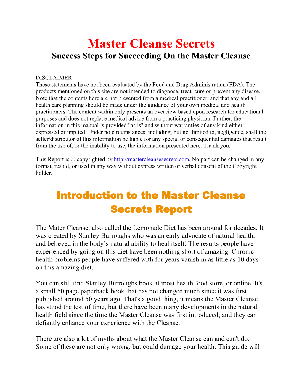 Master Cleanse Secrets Success Steps for Succeeding on the Master Cleanse