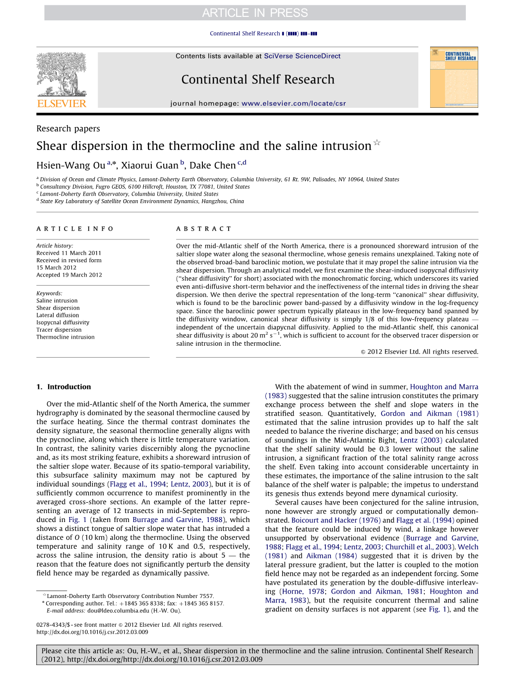 Shear Dispersion in the Thermocline and the Saline Intrusion$