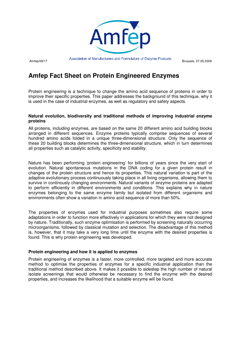 Amfep Fact Sheet on Protein Engineered Enzymes