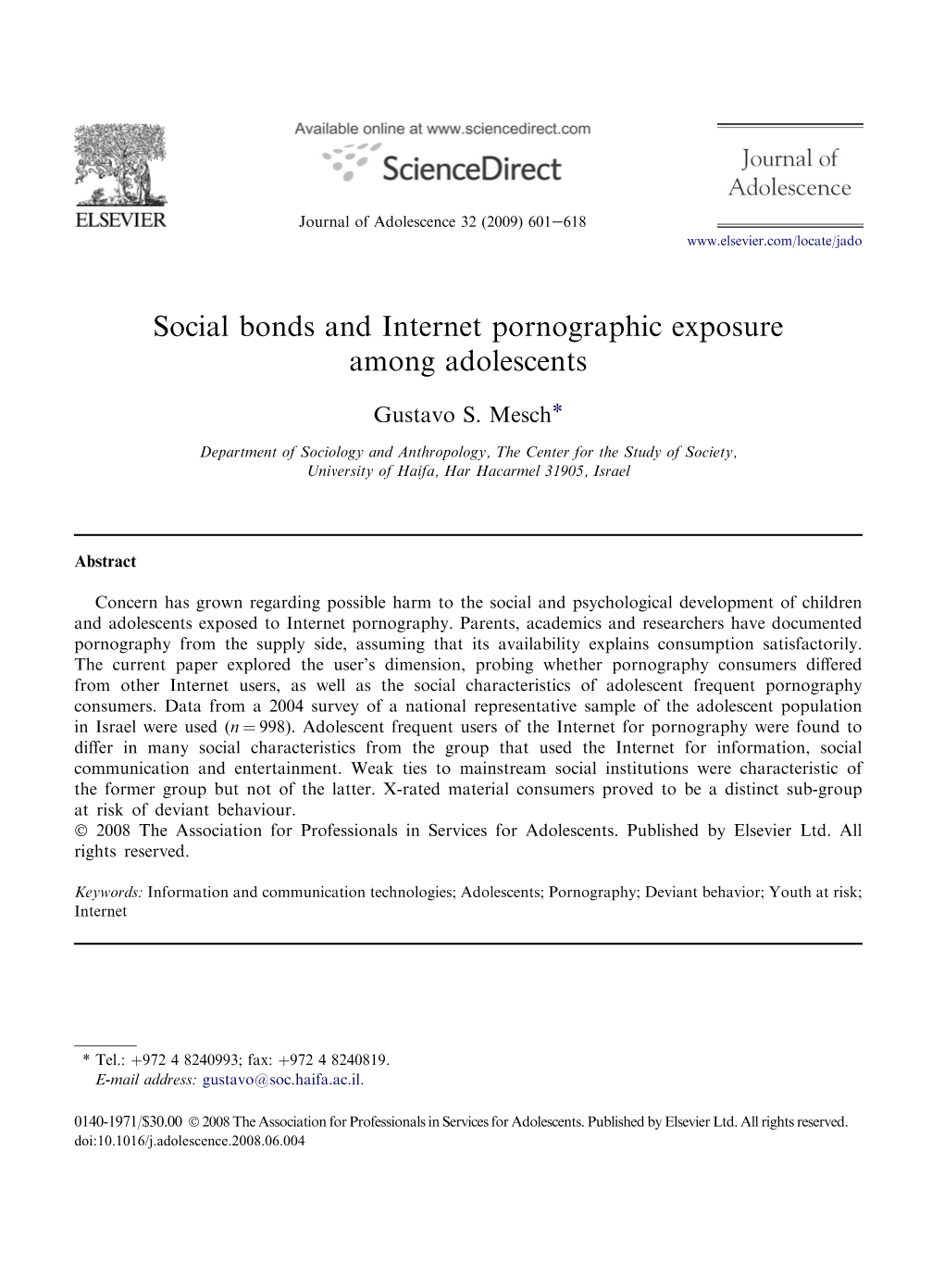 Social Bonds and Internet Pornographic Exposure Among Adolescents