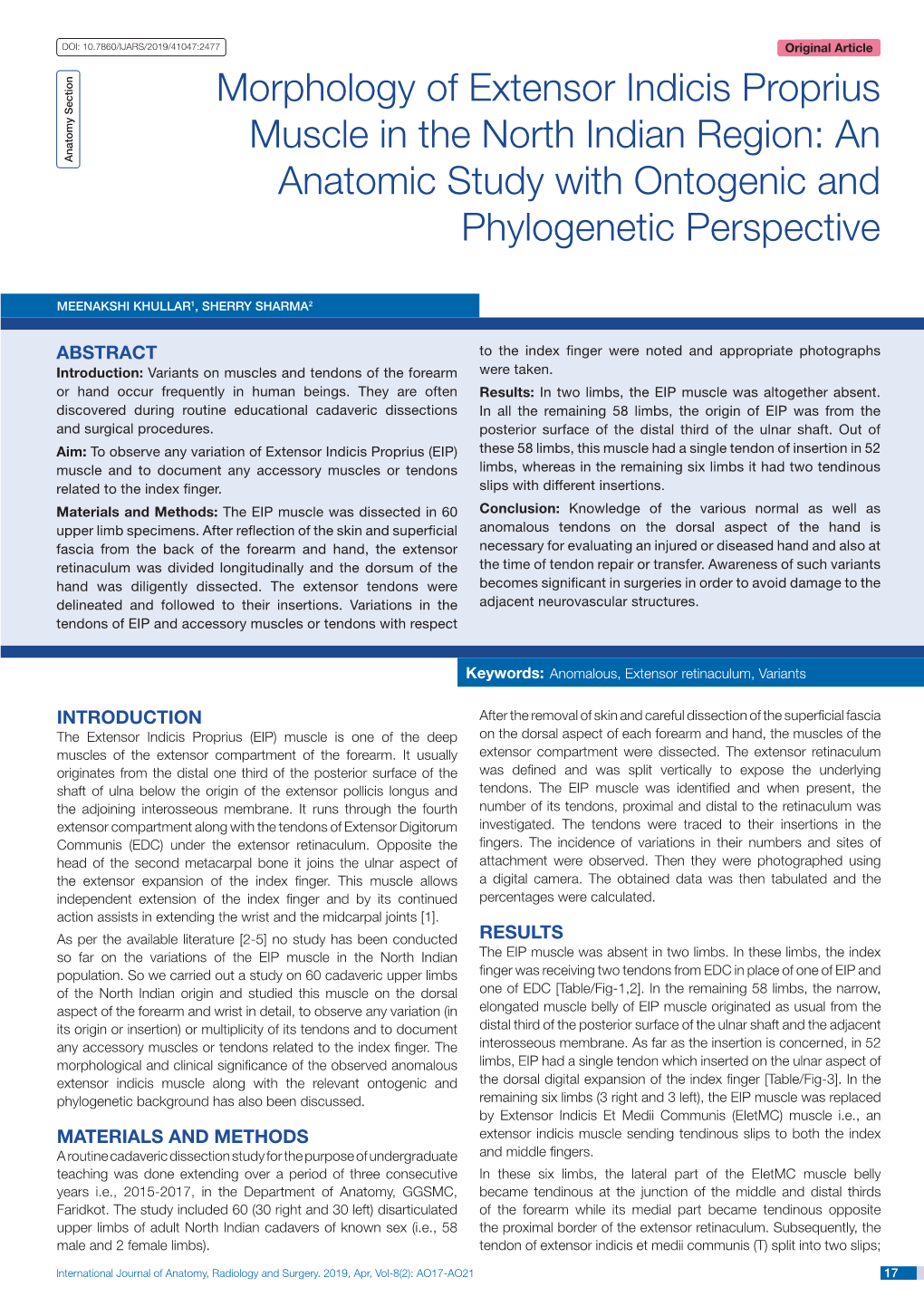 Morphology of Extensor Indicis Proprius Muscle in the North Indian Region: an Anatomy Section Anatomic Study with Ontogenic and Phylogenetic Perspective