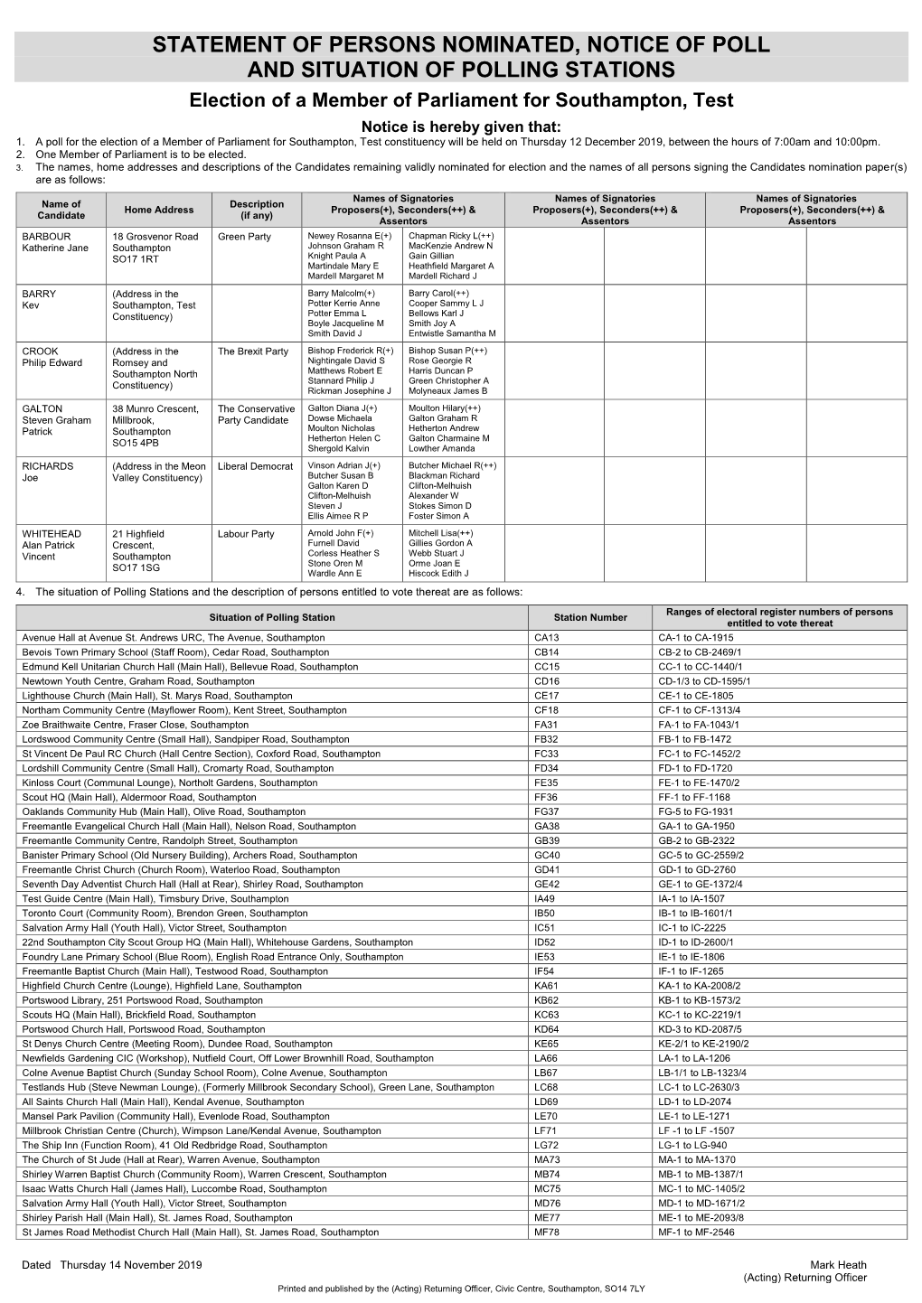 Statement of Persons Nominated, Notice of Poll and Situation Of