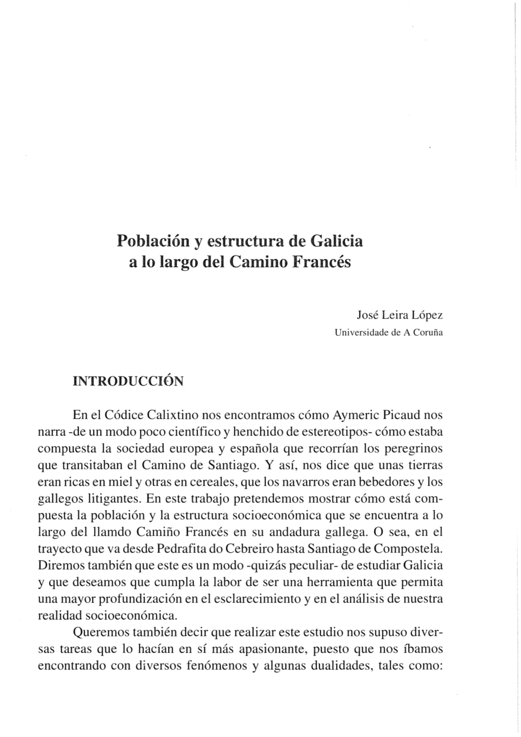 Población Y Estructura De Galicia a Lo Largo Del Camino Francés