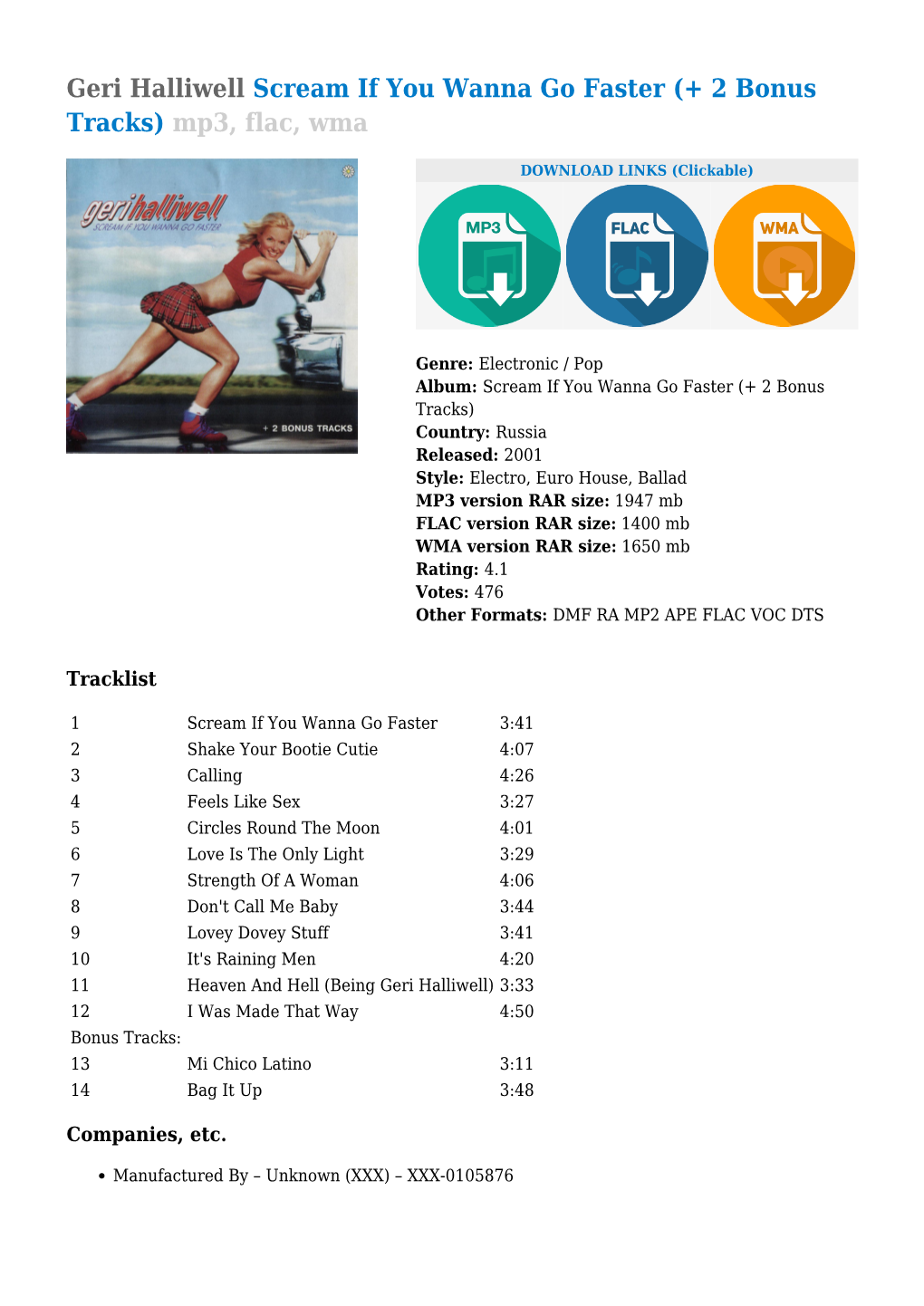 Geri Halliwell Scream If You Wanna Go Faster (+ 2 Bonus Tracks) Mp3, Flac, Wma