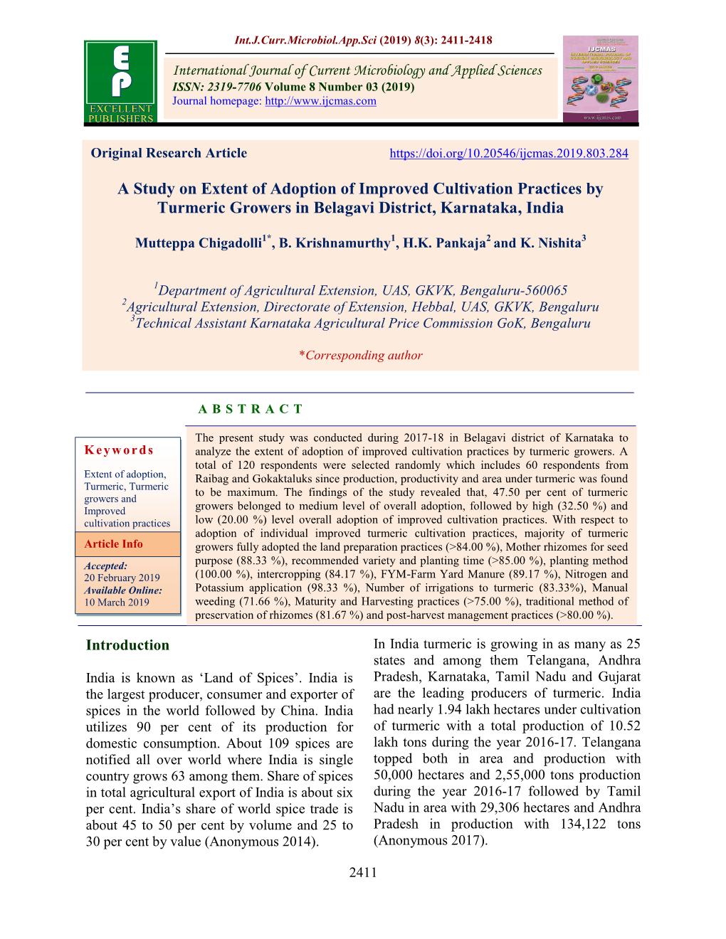 A Study on Extent of Adoption of Improved Cultivation Practices by Turmeric Growers in Belagavi District, Karnataka, India