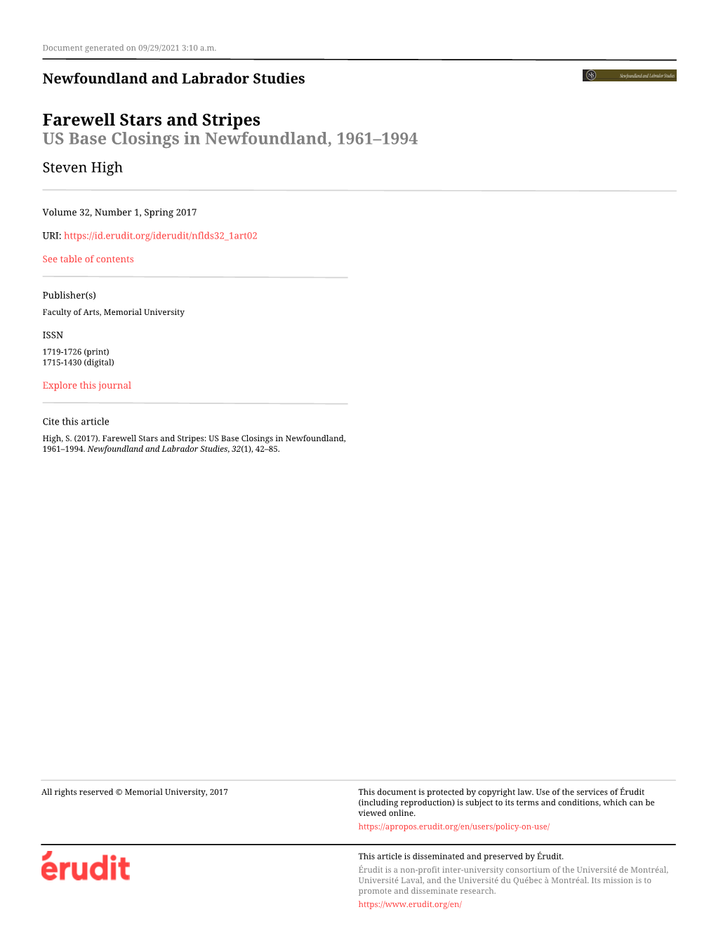 US Base Closings in Newfoundland, 1961–1994 Steven High