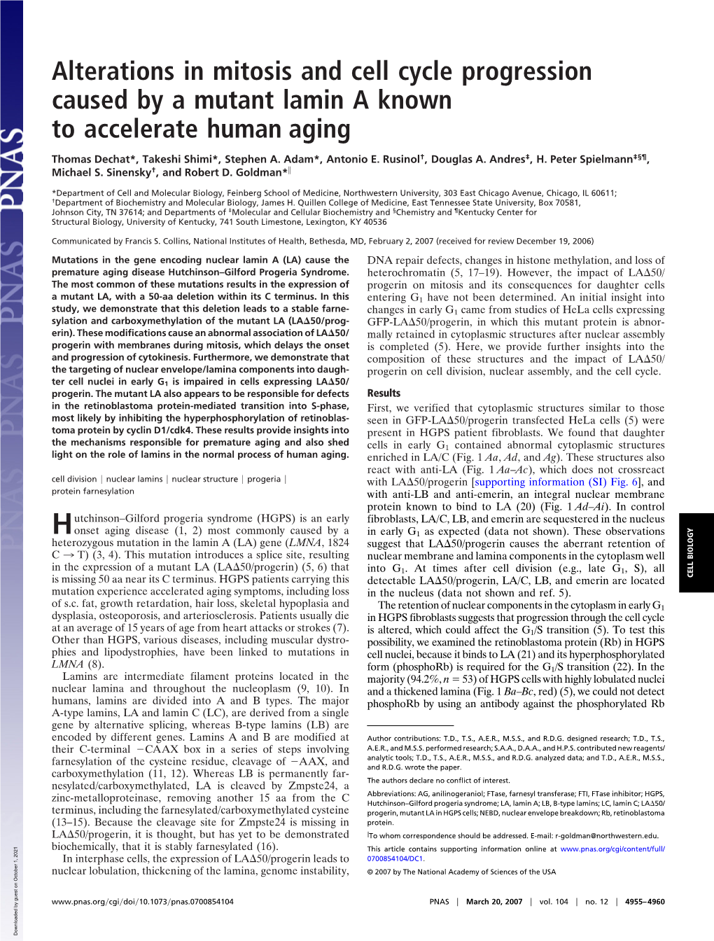 Alterations in Mitosis and Cell Cycle Progression Caused by a Mutant Lamin a Known to Accelerate Human Aging