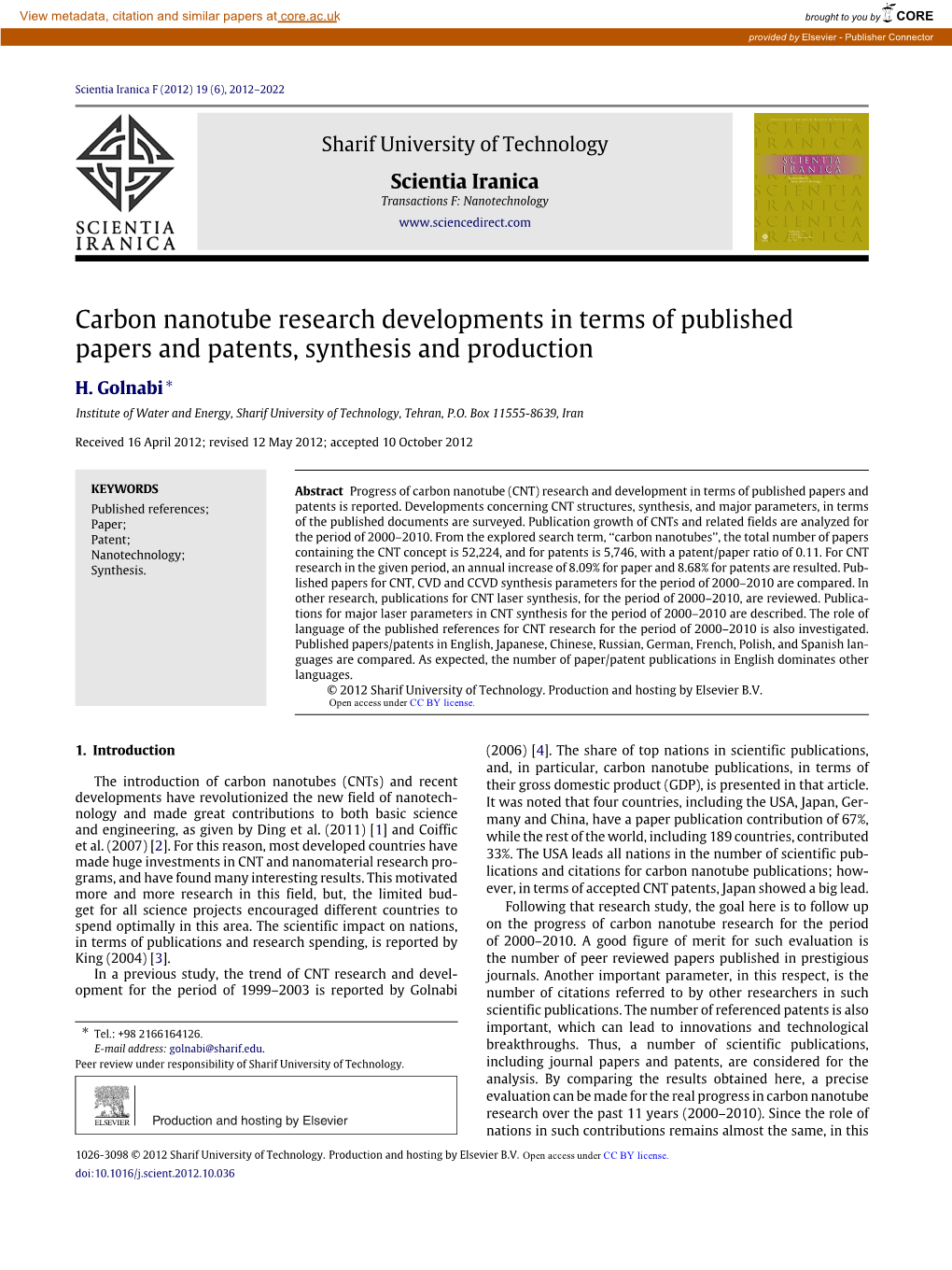 Carbon Nanotube Research Developments in Terms of Published Papers and Patents, Synthesis and Production