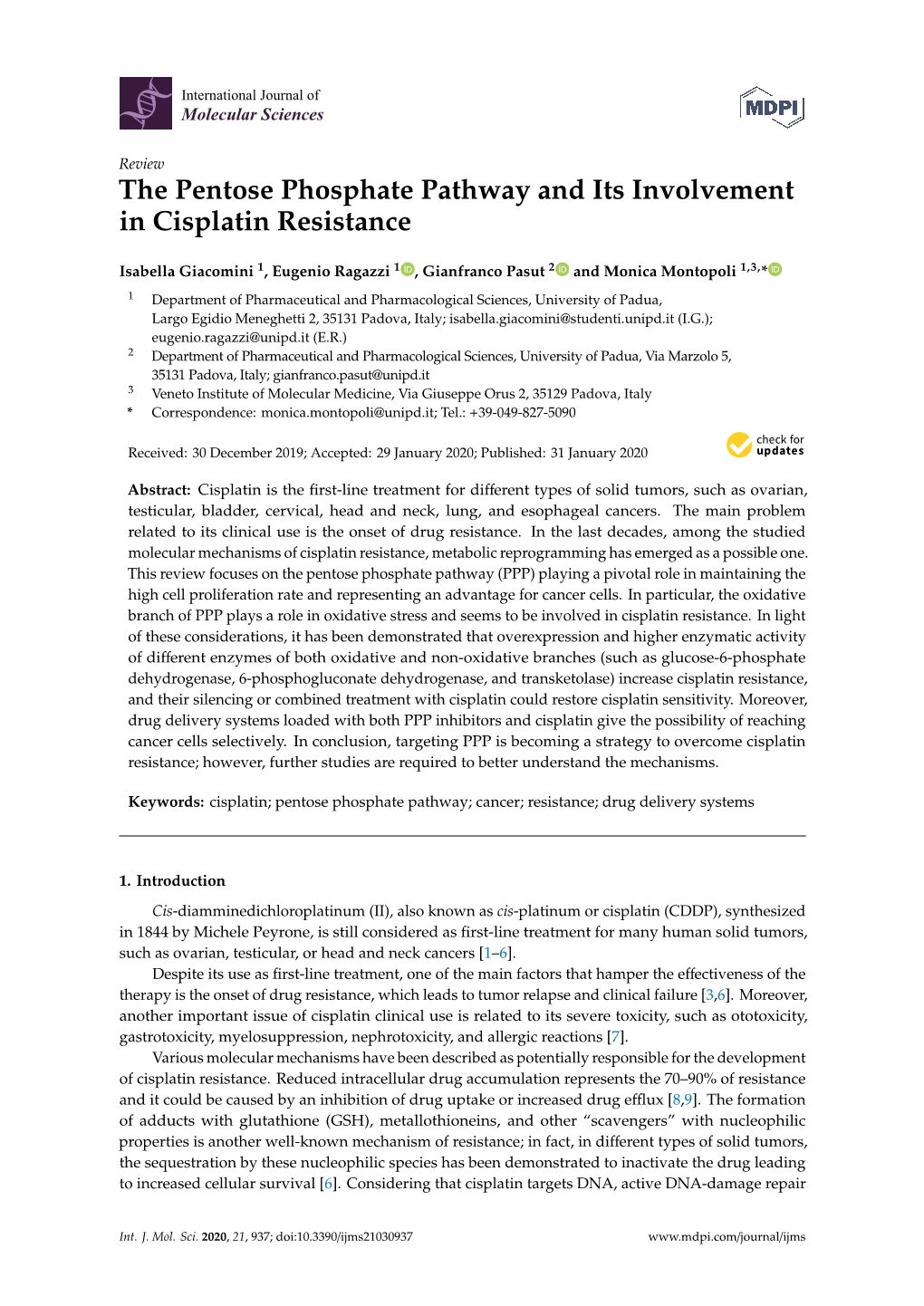 The Pentose Phosphate Pathway and Its Involvement in Cisplatin Resistance