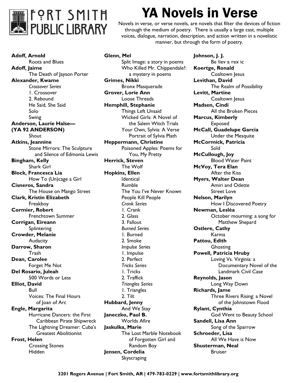 YA Novels in Verse Novels in Verse, Or Verse Novels, Are Novels That Filter the Devices of Fiction Through the Medium of Poetry