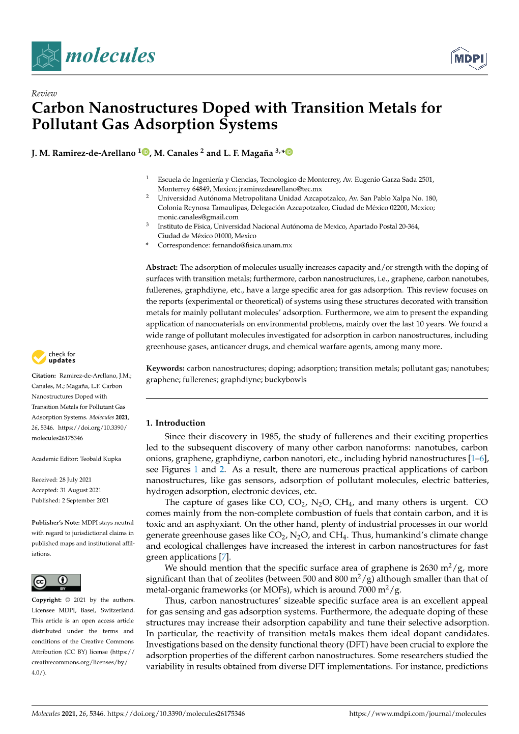 Carbon Nanostructures Doped with Transition Metals for Pollutant Gas Adsorption Systems