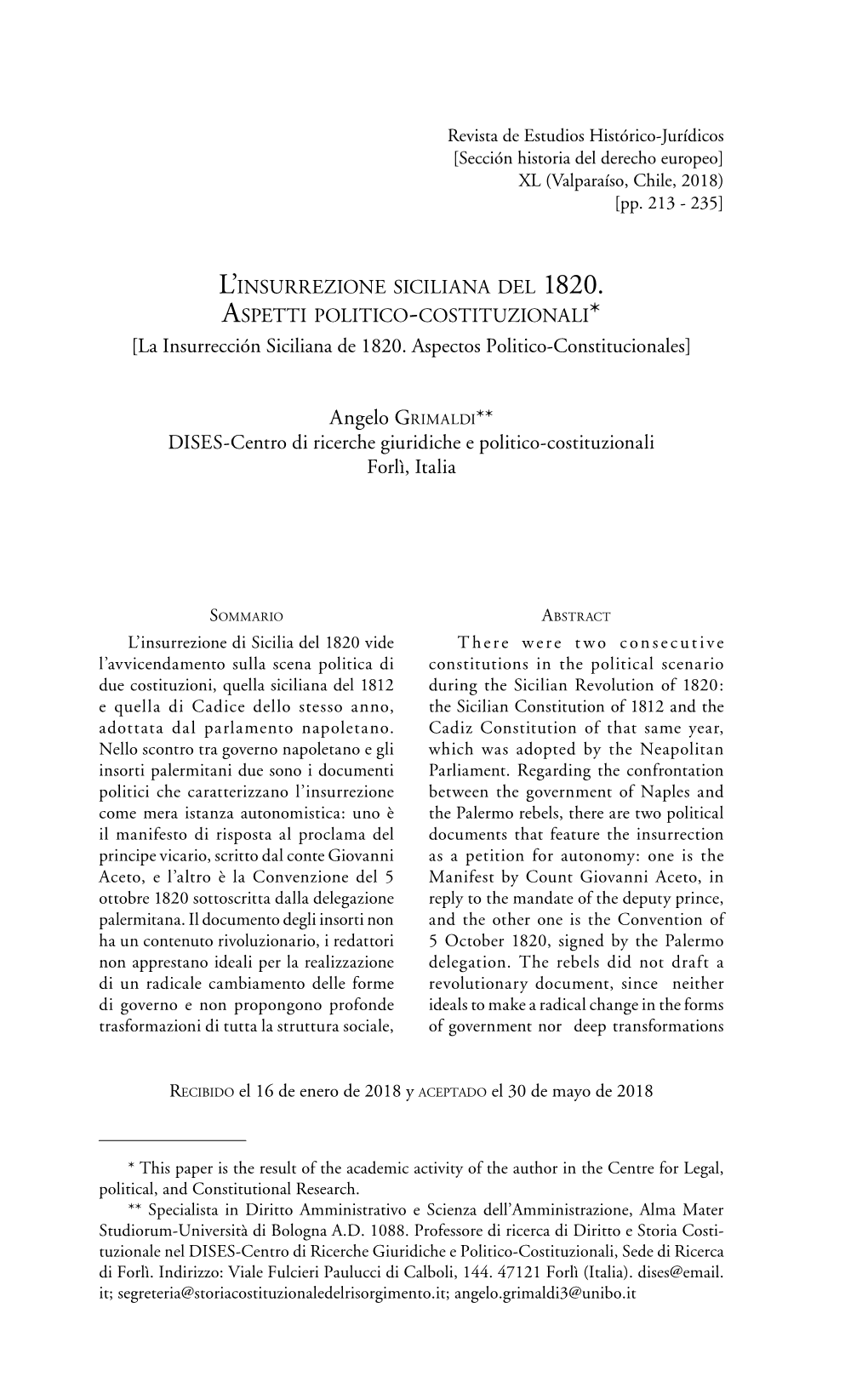 [La Insurrección Siciliana De 1820. Aspectos Politico-Constitucionales] Angelo Grimaldicc DISES-Centro Di Ricerche Giuridiche E