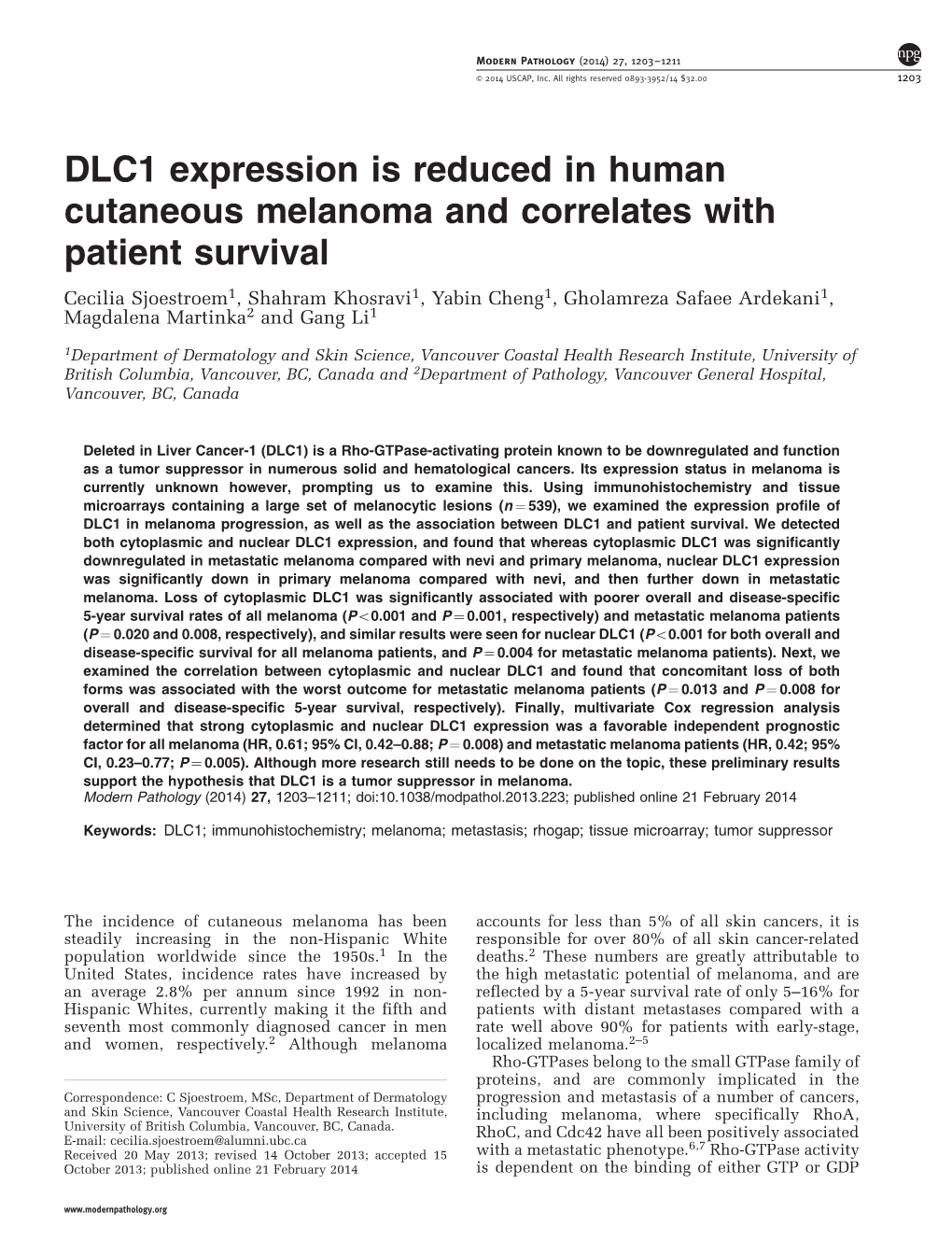 DLC1 Expression Is Reduced in Human Cutaneous Melanoma And