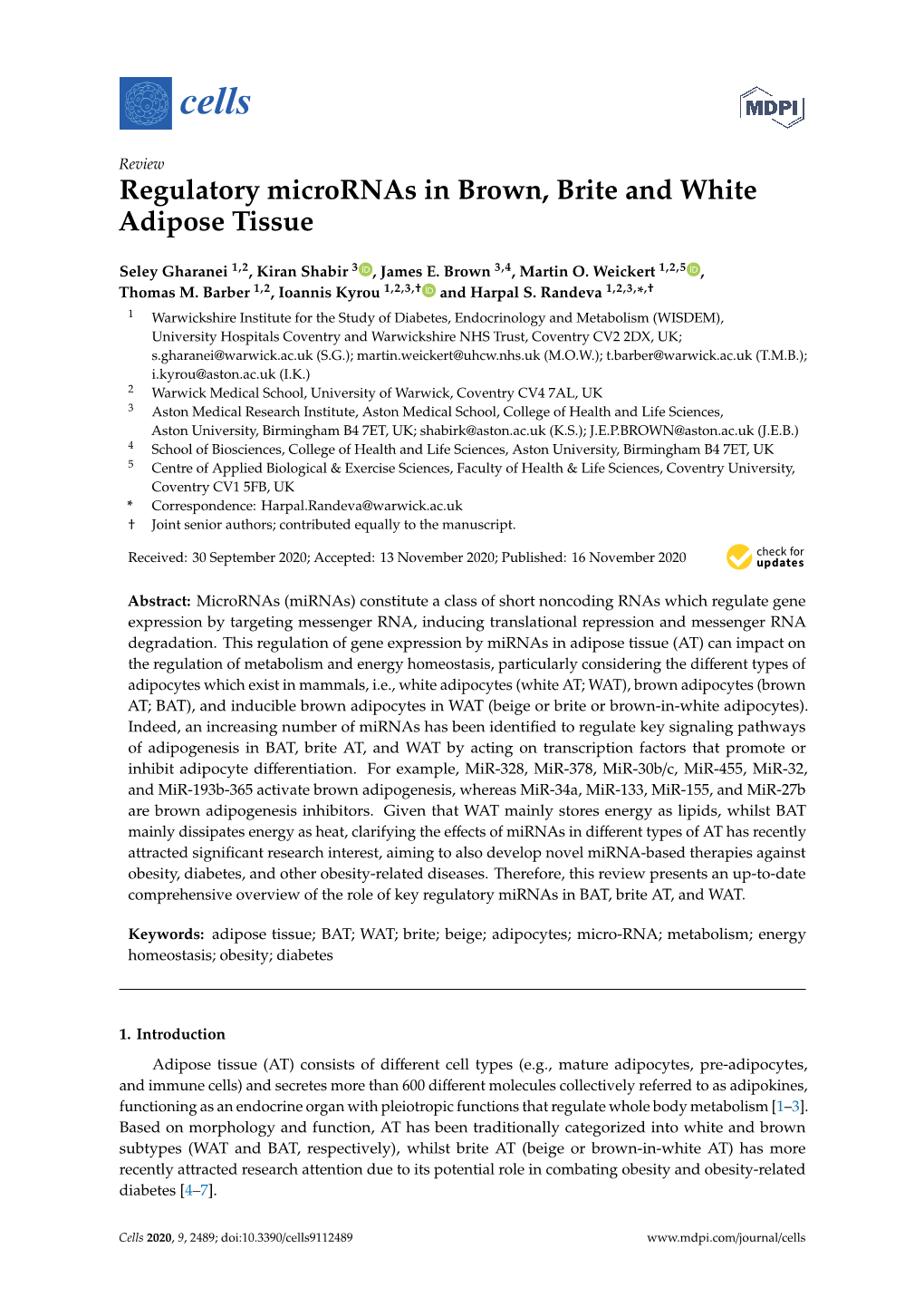 Regulatory Micrornas in Brown, Brite and White Adipose Tissue