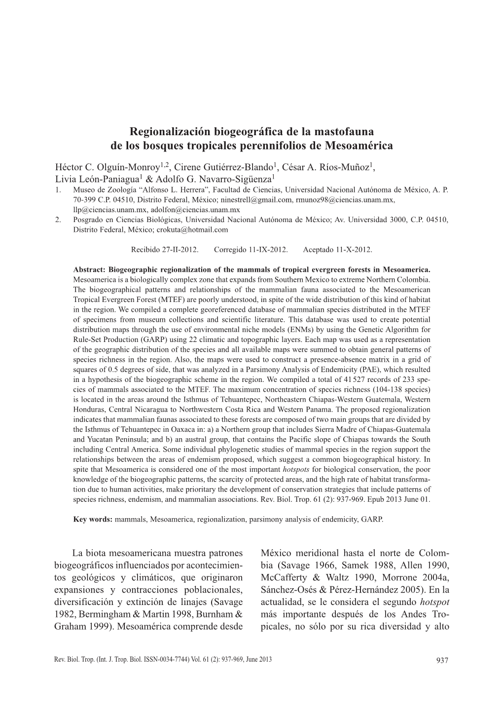 Regionalización Biogeográfica De La Mastofauna De Los Bosques Tropicales Perennifolios De Mesoamérica