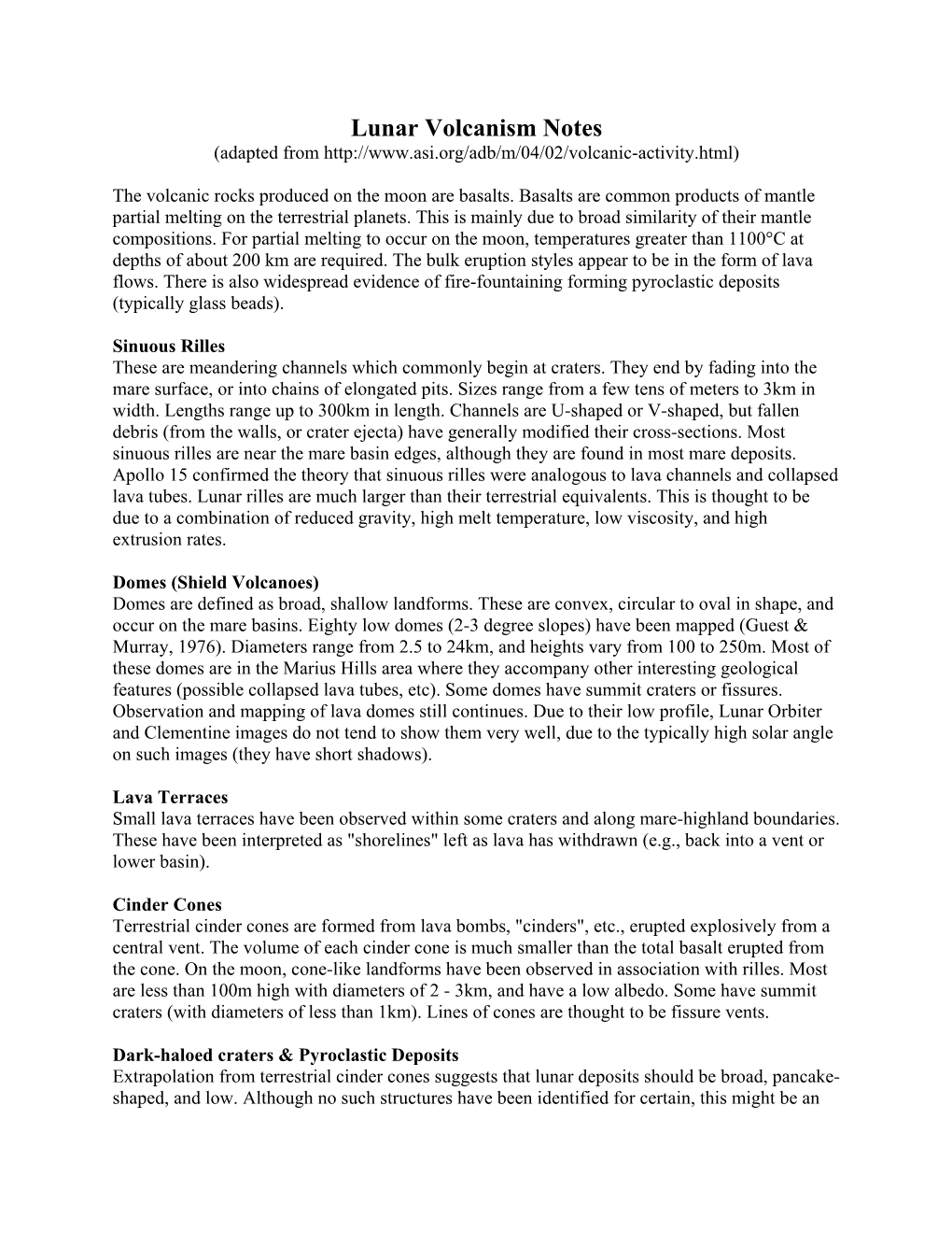 Lunar Volcanism Notes (Adapted From