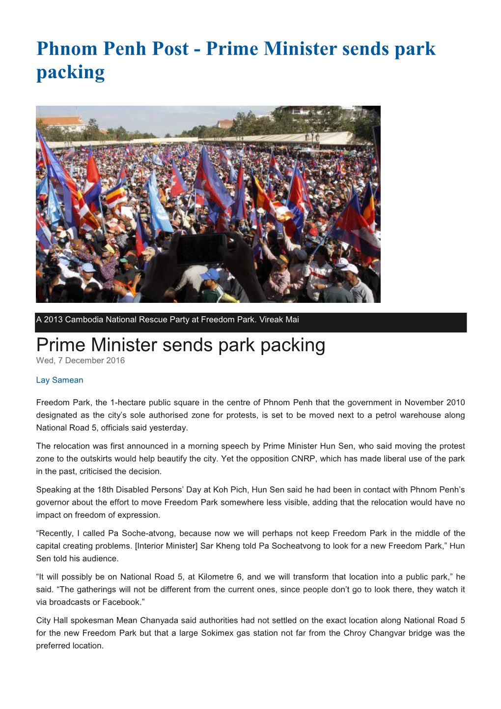 Prime Minister Sends Park Packing