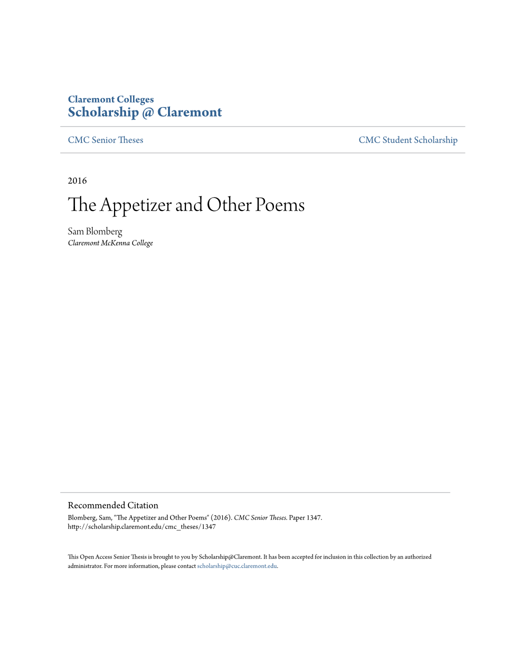 The Appetizer and Other Poems Sam Blomberg Claremont Mckenna College