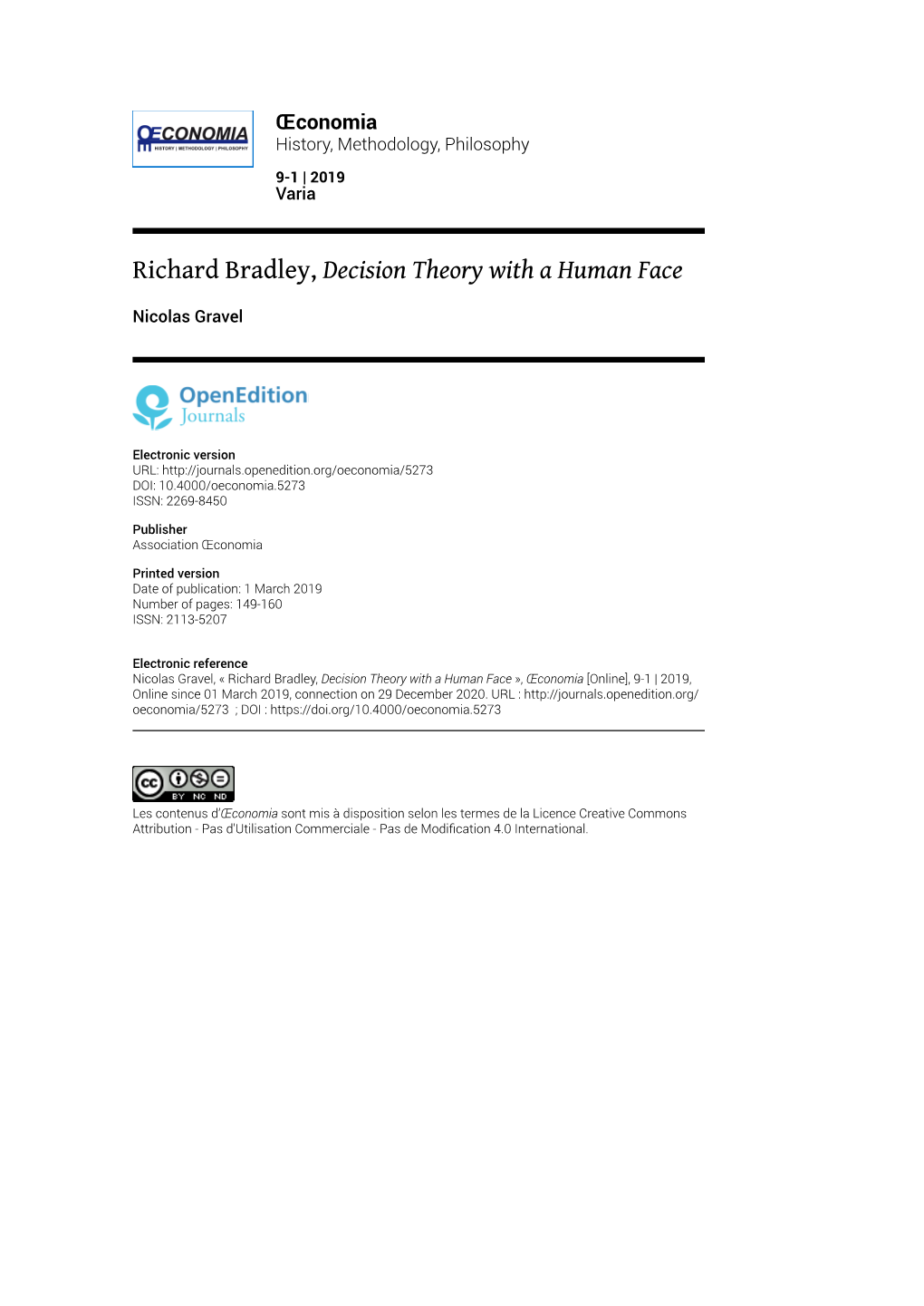 Richard Bradley, Decision Theory with a Human Face