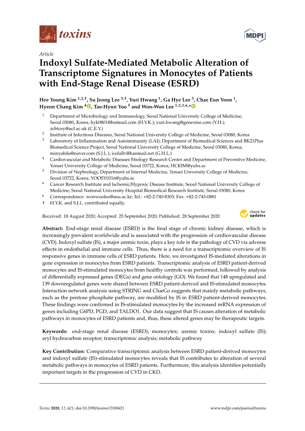 Indoxyl Sulfate-Mediated Metabolic Alteration of Transcriptome Signatures in Monocytes of Patients with End-Stage Renal Disease (ESRD)