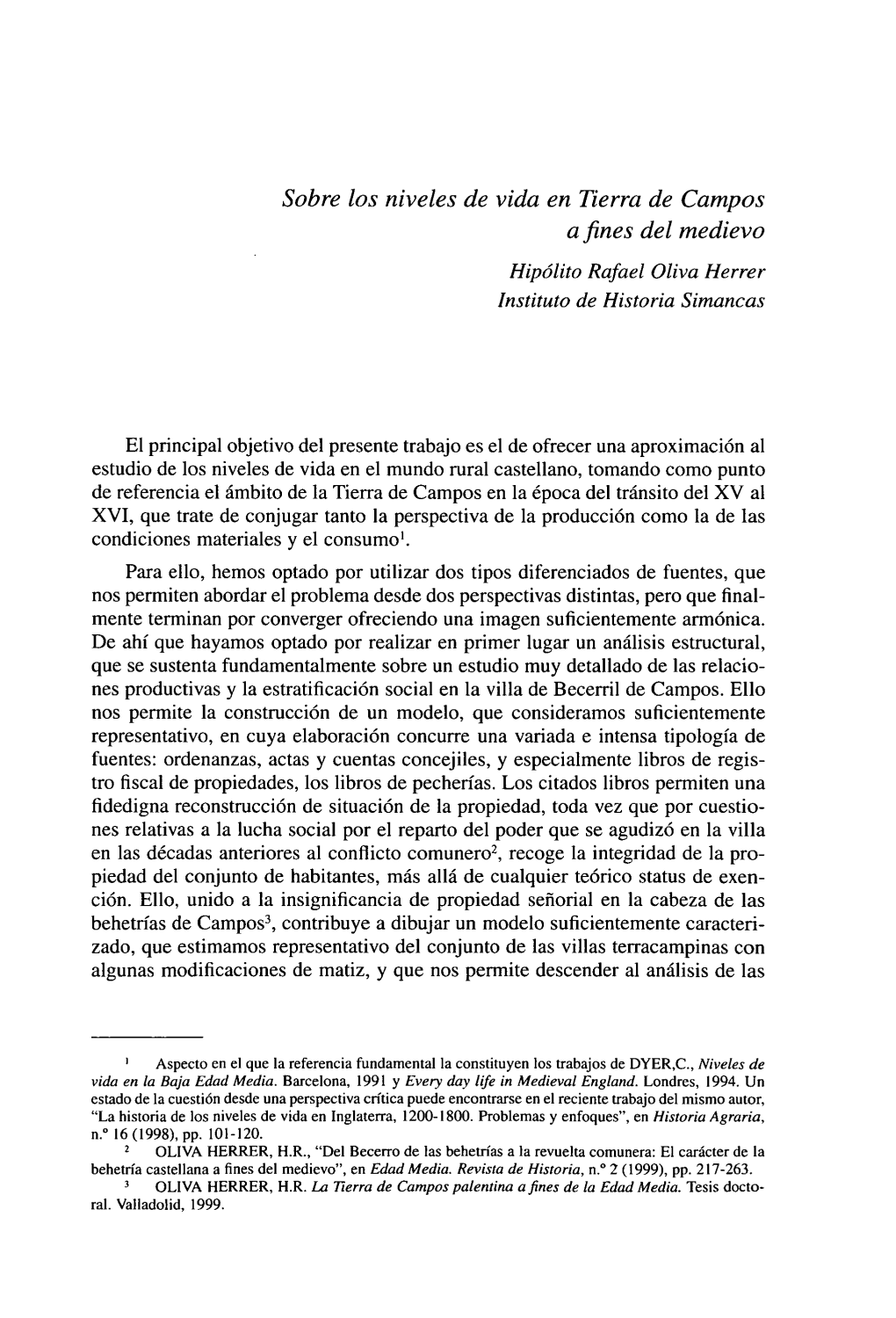 Sobre Los Niveles De Vida En Tierra De Campos a Fines Del Medievo Hipólito Rafael Oliva Herrer Instituto De Historia Simancas