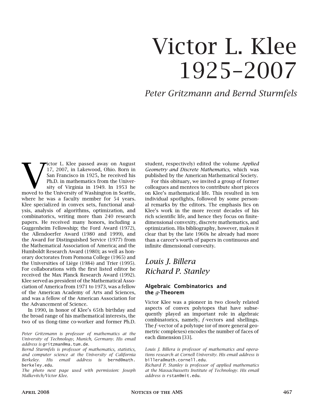 Victor L. Klee 1925–2007 Peter Gritzmann and Bernd Sturmfels