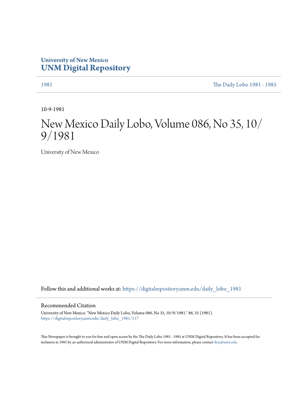 New Mexico Daily Lobo, Volume 086, No 35, 10/9/1981." 86, 35 (1981)