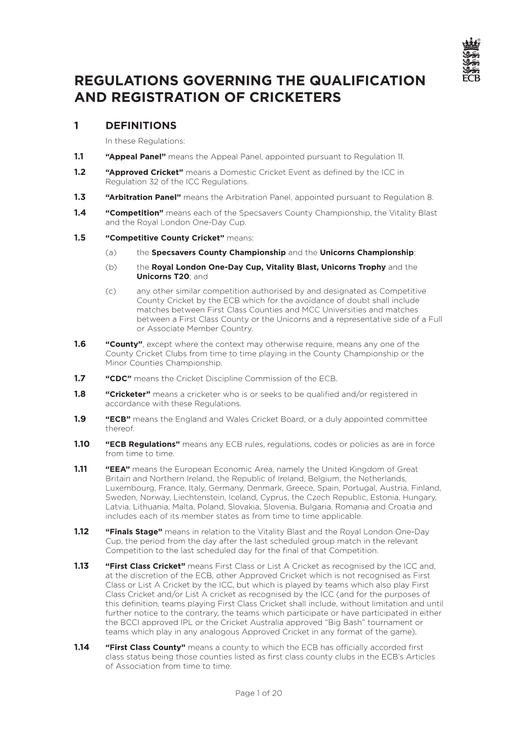 Regulations Governing the Qualification and Registration of Cricketers