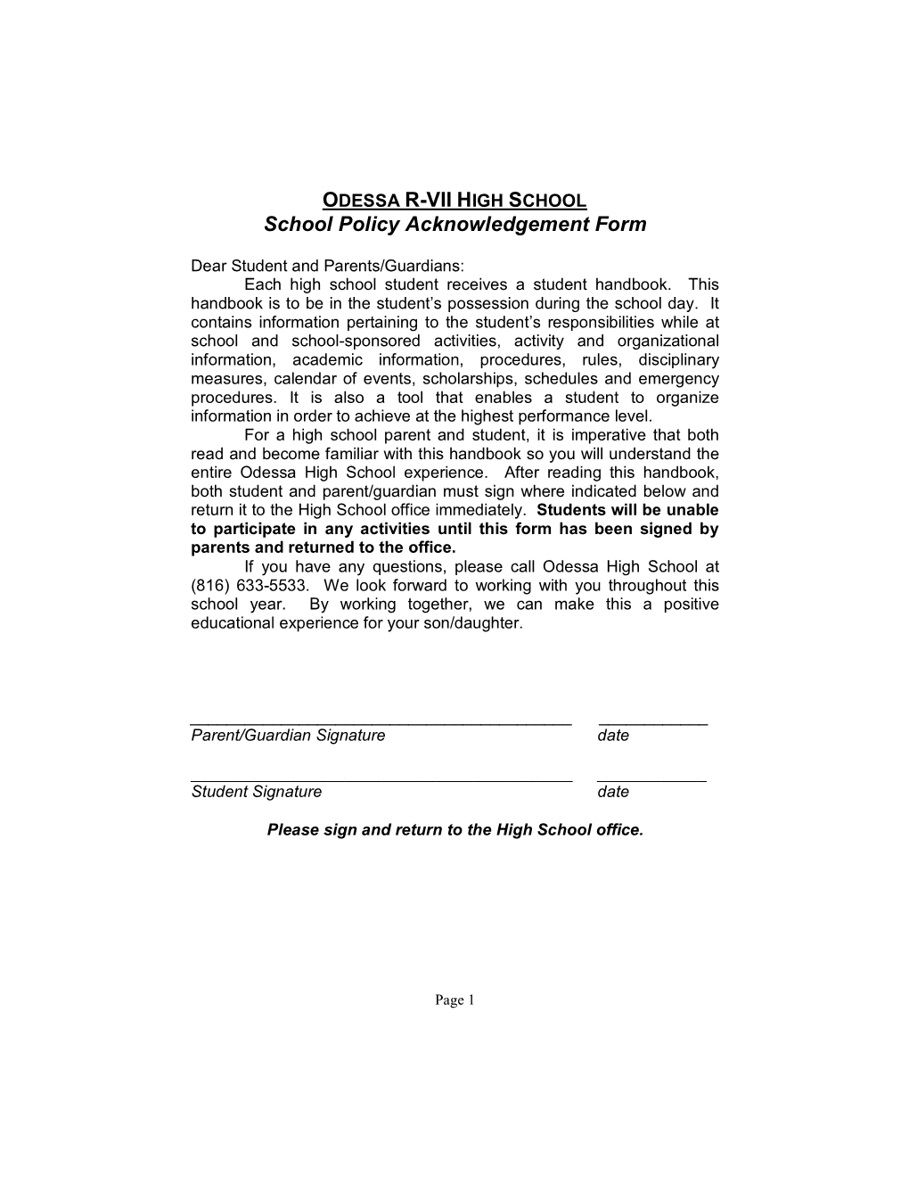 ODESSA R-VII HIGH SCHOOL School Policy Acknowledgement Form