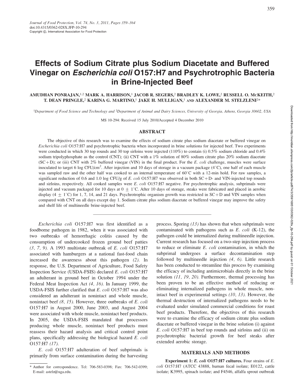 Effects of Sodium Citrate Plus Sodium Diacetate and Buffered Vinegar on Escherichia Coli O157:H7 and Psychrotrophic Bacteria in Brine-Injected Beef