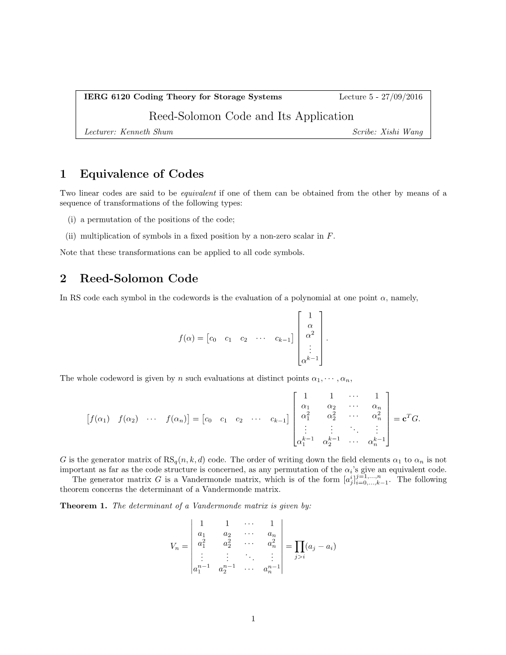 Reed-Solomon Code and Its Application 1 Equivalence
