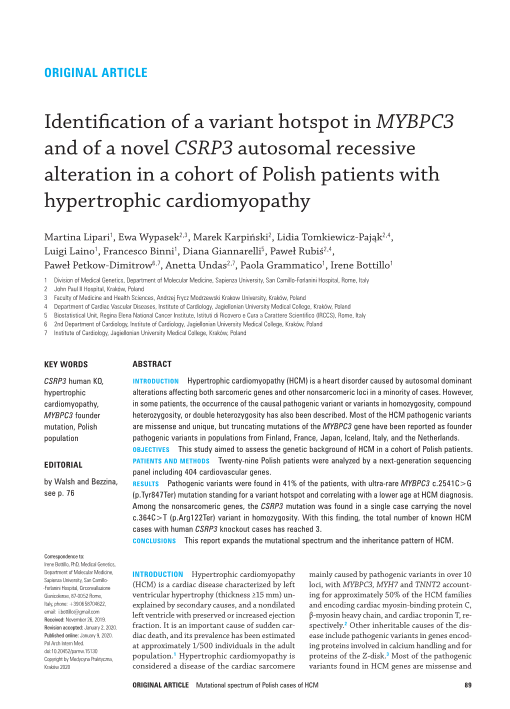 Identification of a Variant Hotspot in MYBPC3 and of a Novel CSRP3