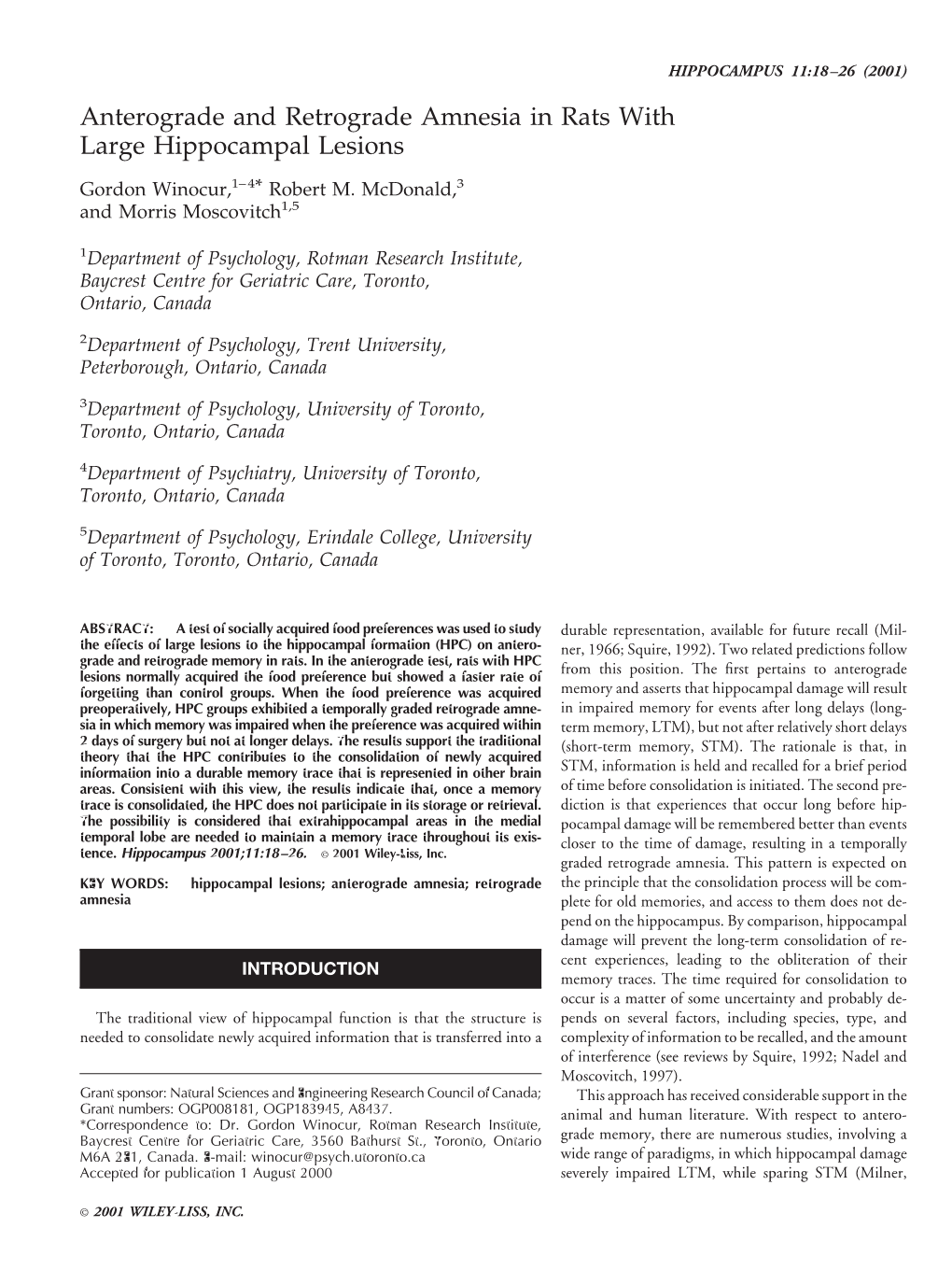 Anterograde and Retrograde Amnesia in Rats with Large Hippocampal Lesions