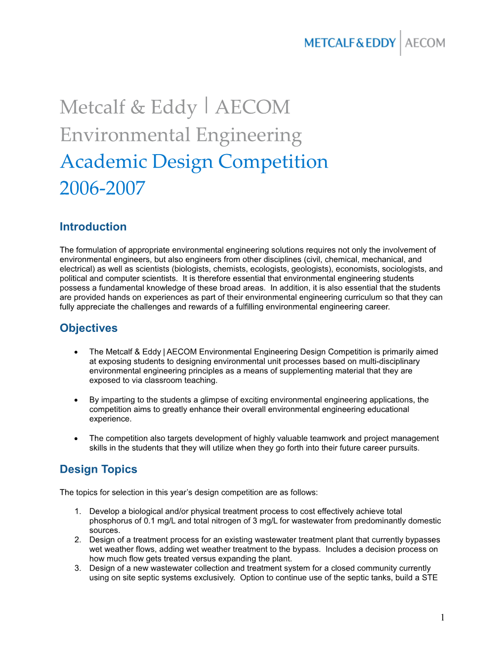 Metcalf And Eddy Environmental Engineering Design Competition 2004-2005