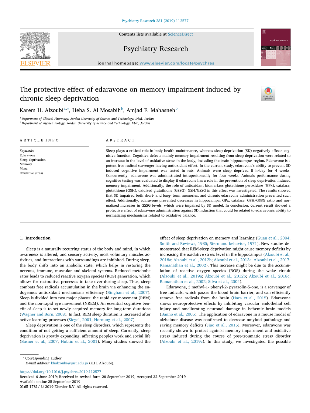 The Protective Effect of Edaravone on Memory Impairment Induced By