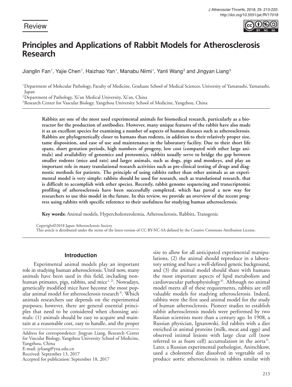 Principles and Applications of Rabbit Models for Atherosclerosis Research