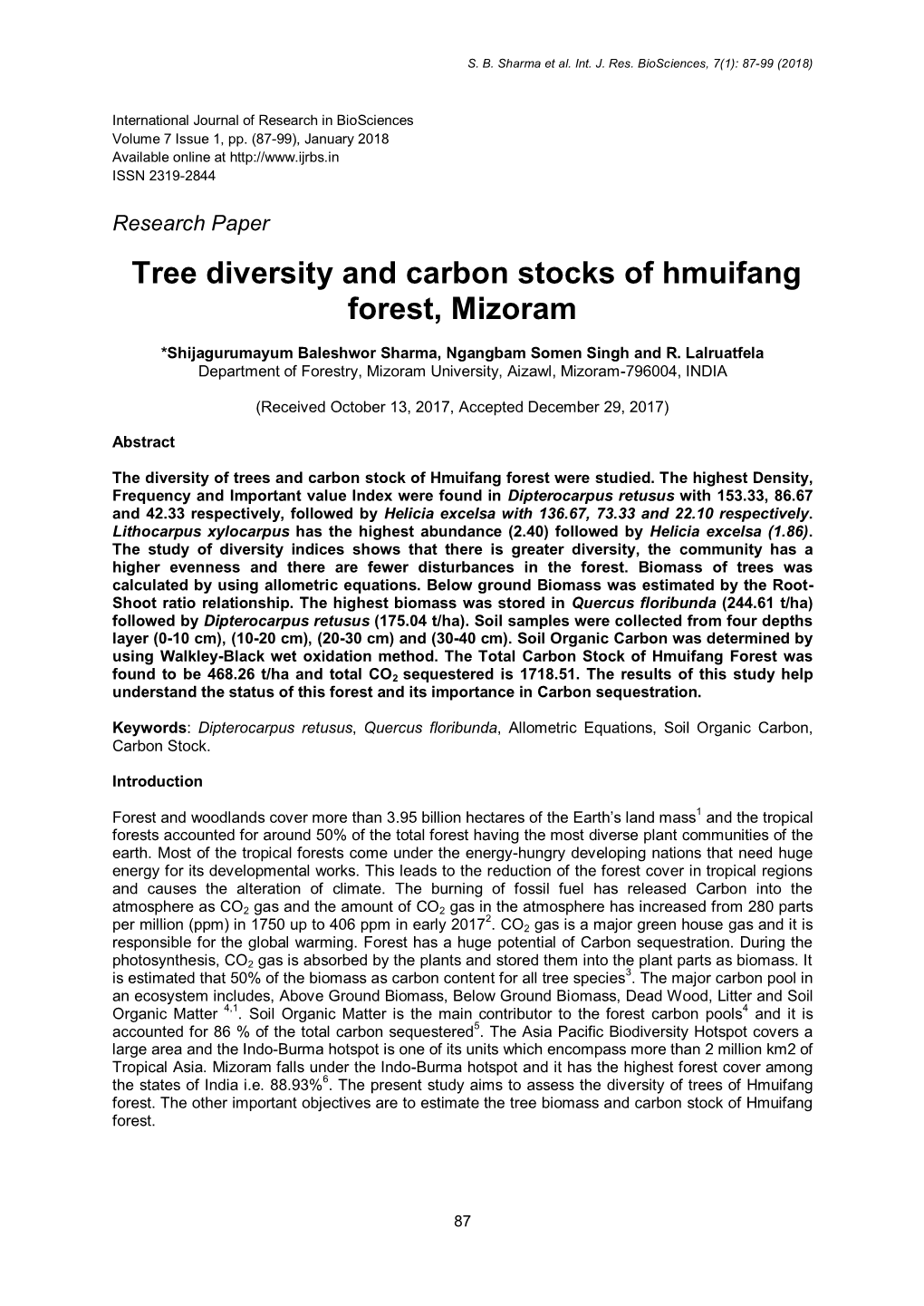 Tree Diversity and Carbon Stocks of Hmuifang Forest, Mizoram