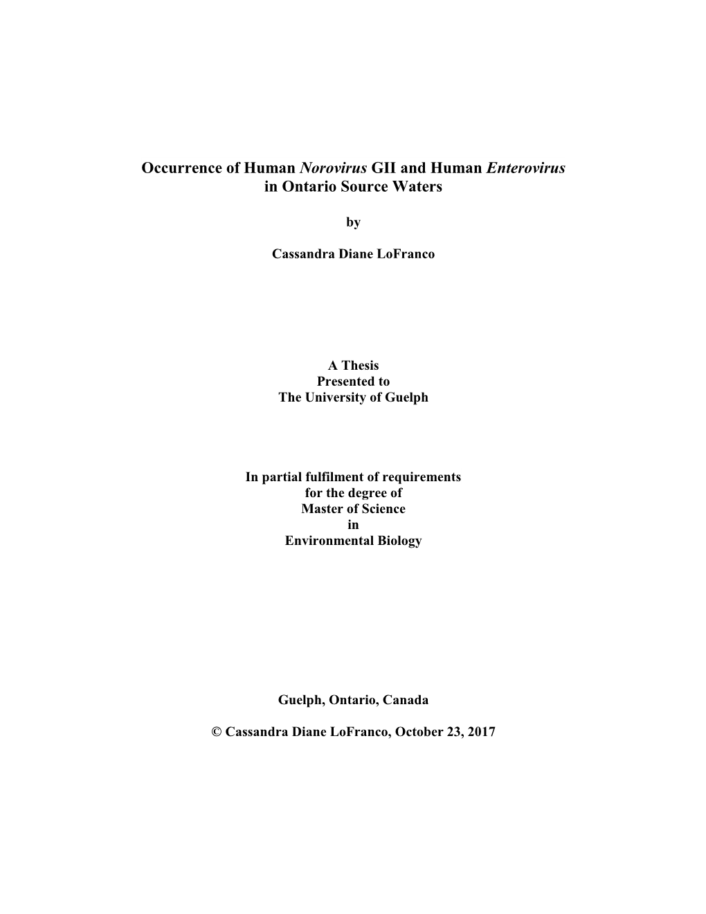 Occurrence of Human Norovirus GII and Human Enterovirus in Ontario Source Waters