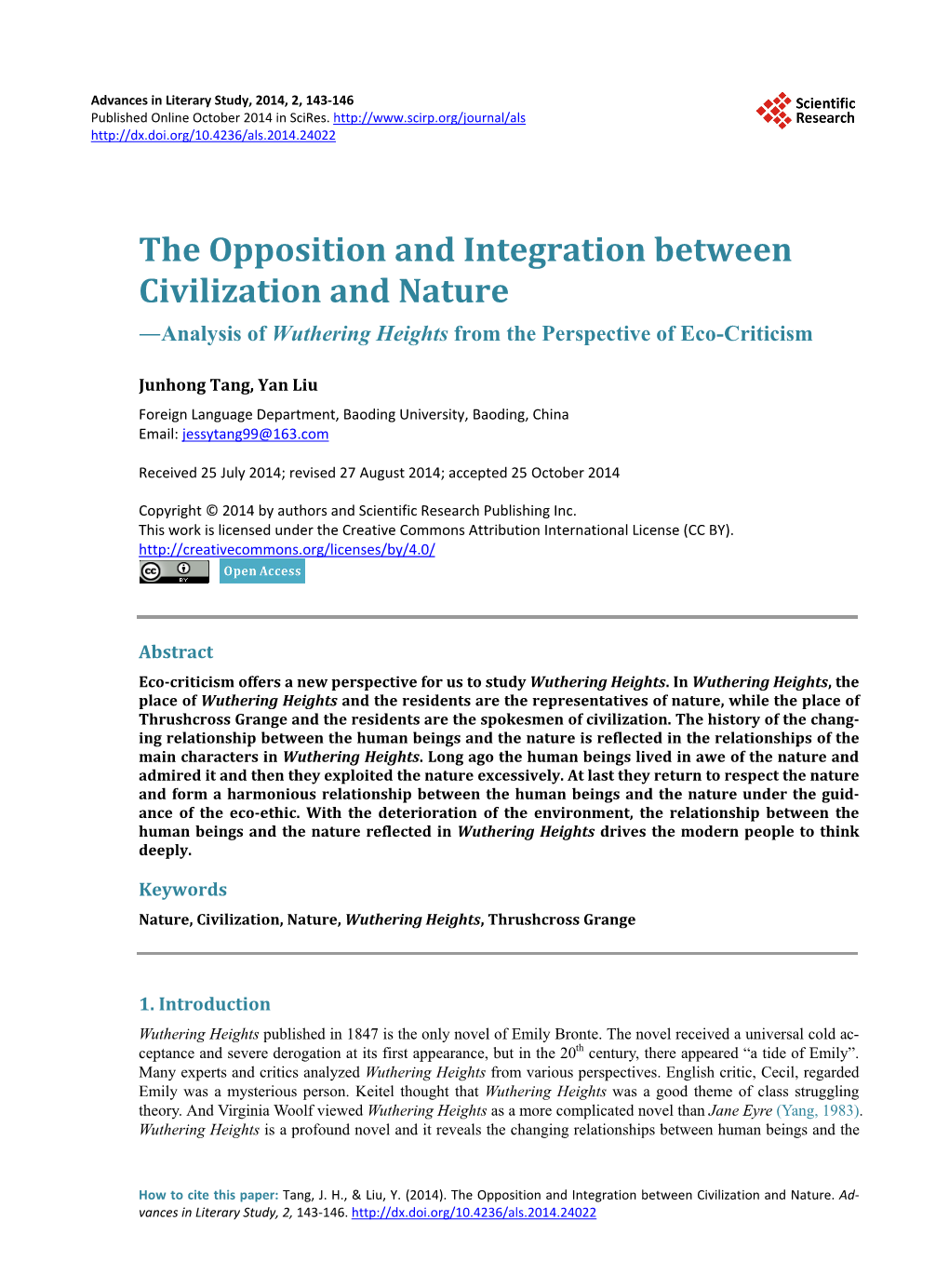 The Opposition and Integration Between Civilization and Nature ―Analysis of Wuthering Heights from the Perspective of Eco-Criticism