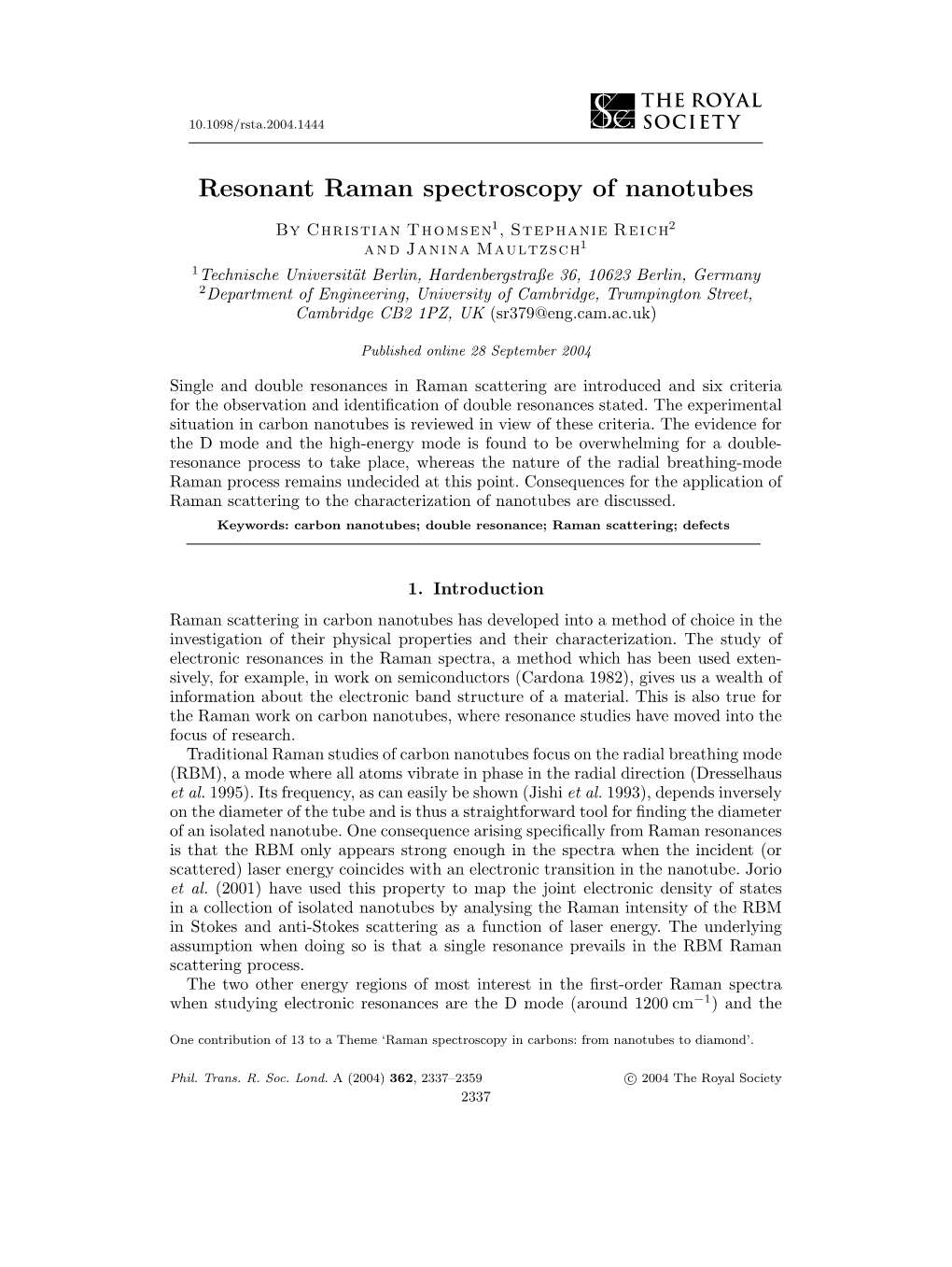 Resonant Raman Spectroscopy of Nanotubes