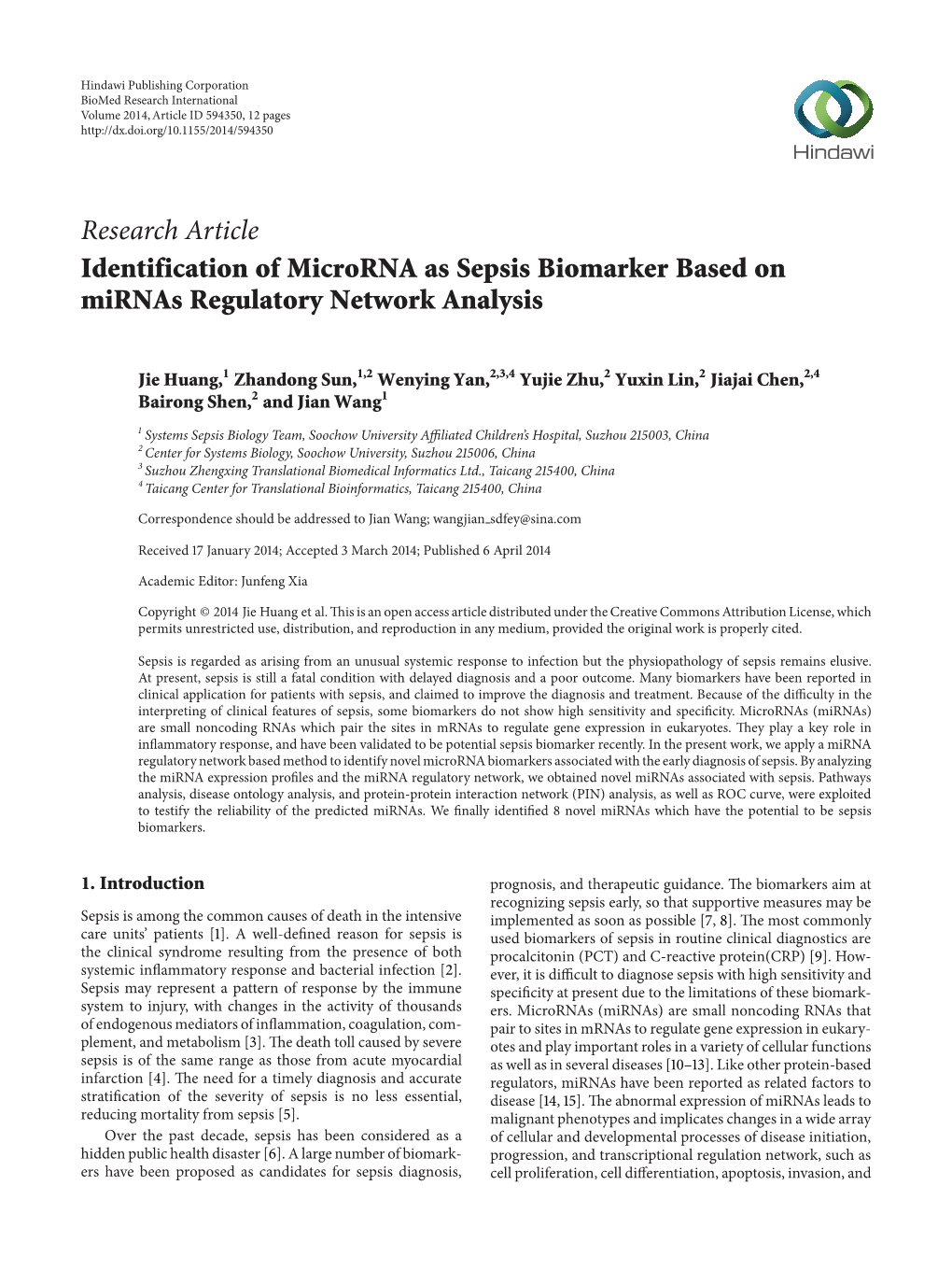 Identification of Microrna As Sepsis Biomarker Based on Mirnas Regulatory Network Analysis