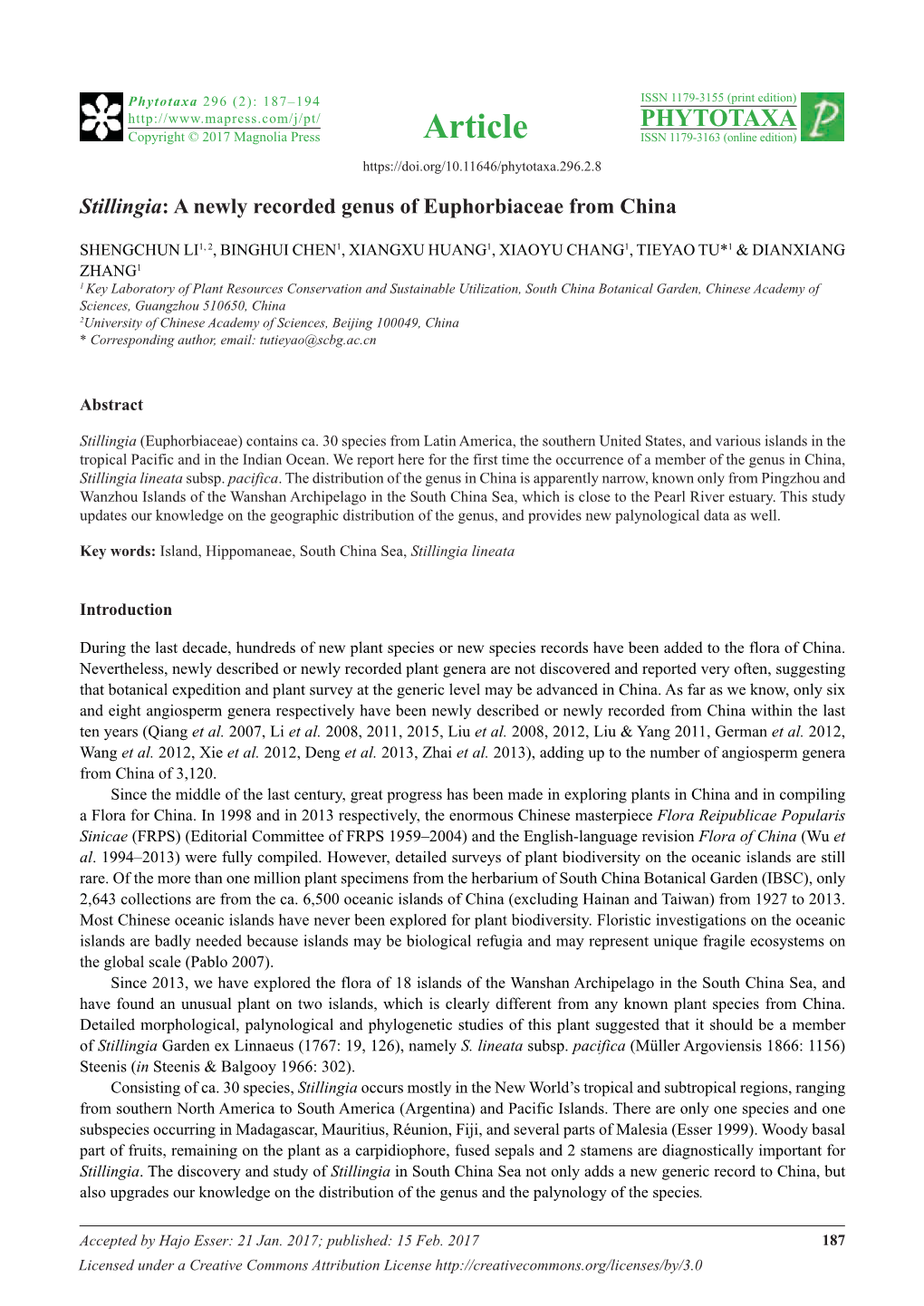 Stillingia: a Newly Recorded Genus of Euphorbiaceae from China