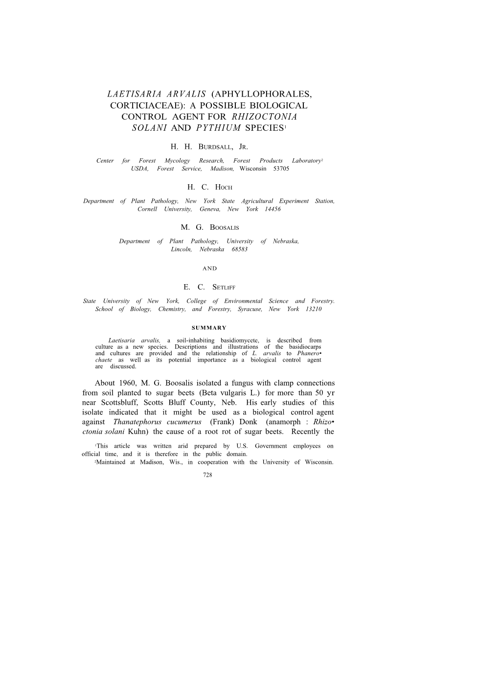 Laetisaria Arvalis (Aphyllophorales, Corticiaceae): a Possible Biological Control Agent for Rhizoctonia Solani and Pythium Species1