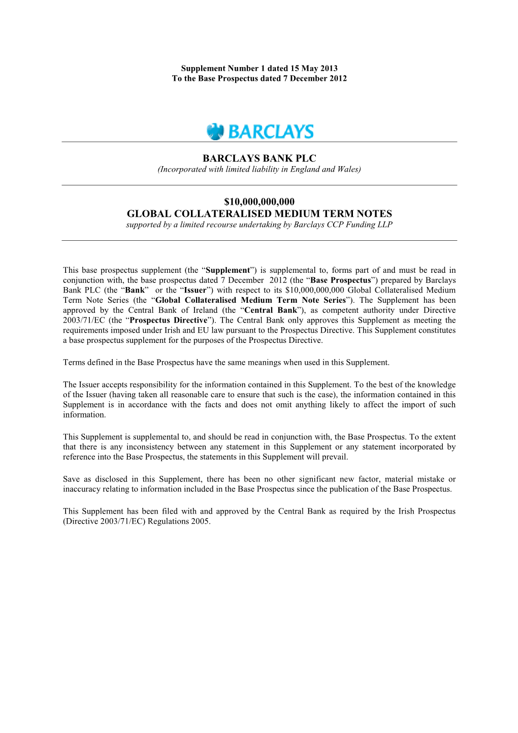 Barclays Bank Plc $10,000,000,000 Global