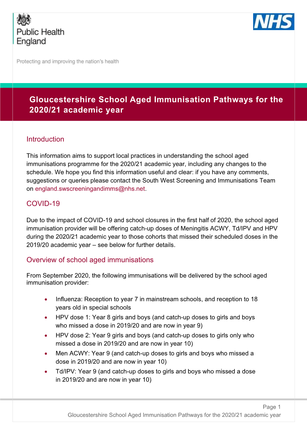 Gloucestershire School Aged Immunisation Pathways for the 2020/21 Academic Year