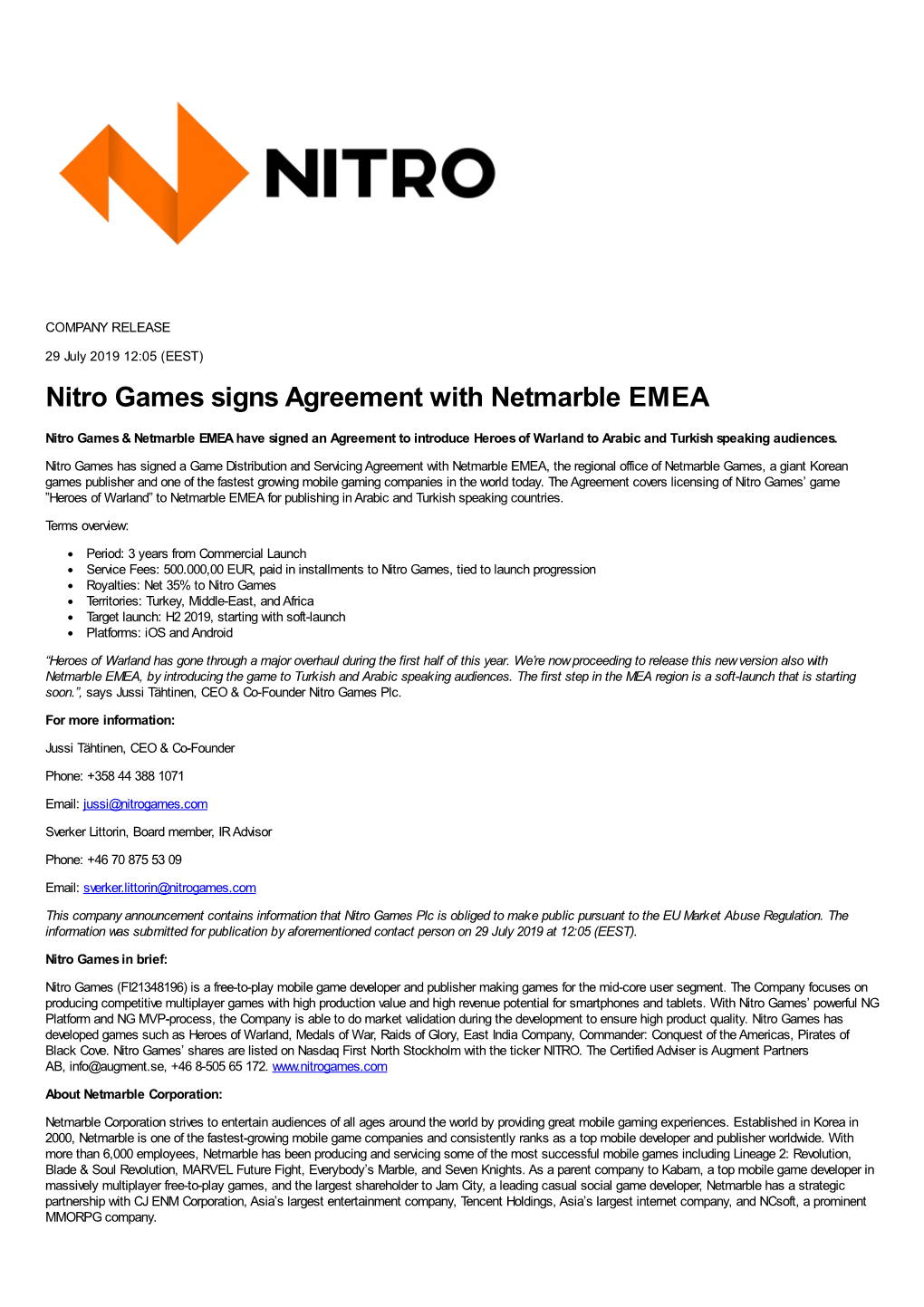 Nitro Games Signs Agreement with Netmarble EMEA