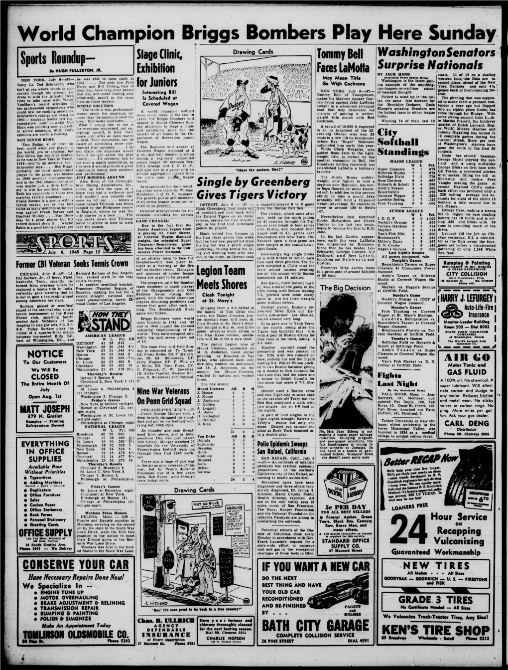 World Champion Briggs Bombers Play Here Sunday Stage Clink, Drawing Cards Tommy Bell Washington Senators Sports Roundup- Surprise Nationals Ty HUGH FULLERTON