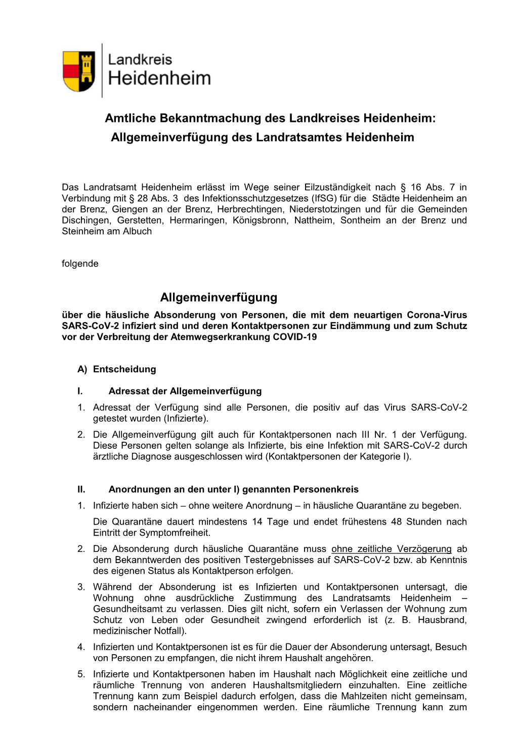 Amtliche Bekanntmachung Des Landkreises Heidenheim: Allgemeinverfügung Des Landratsamtes Heidenheim