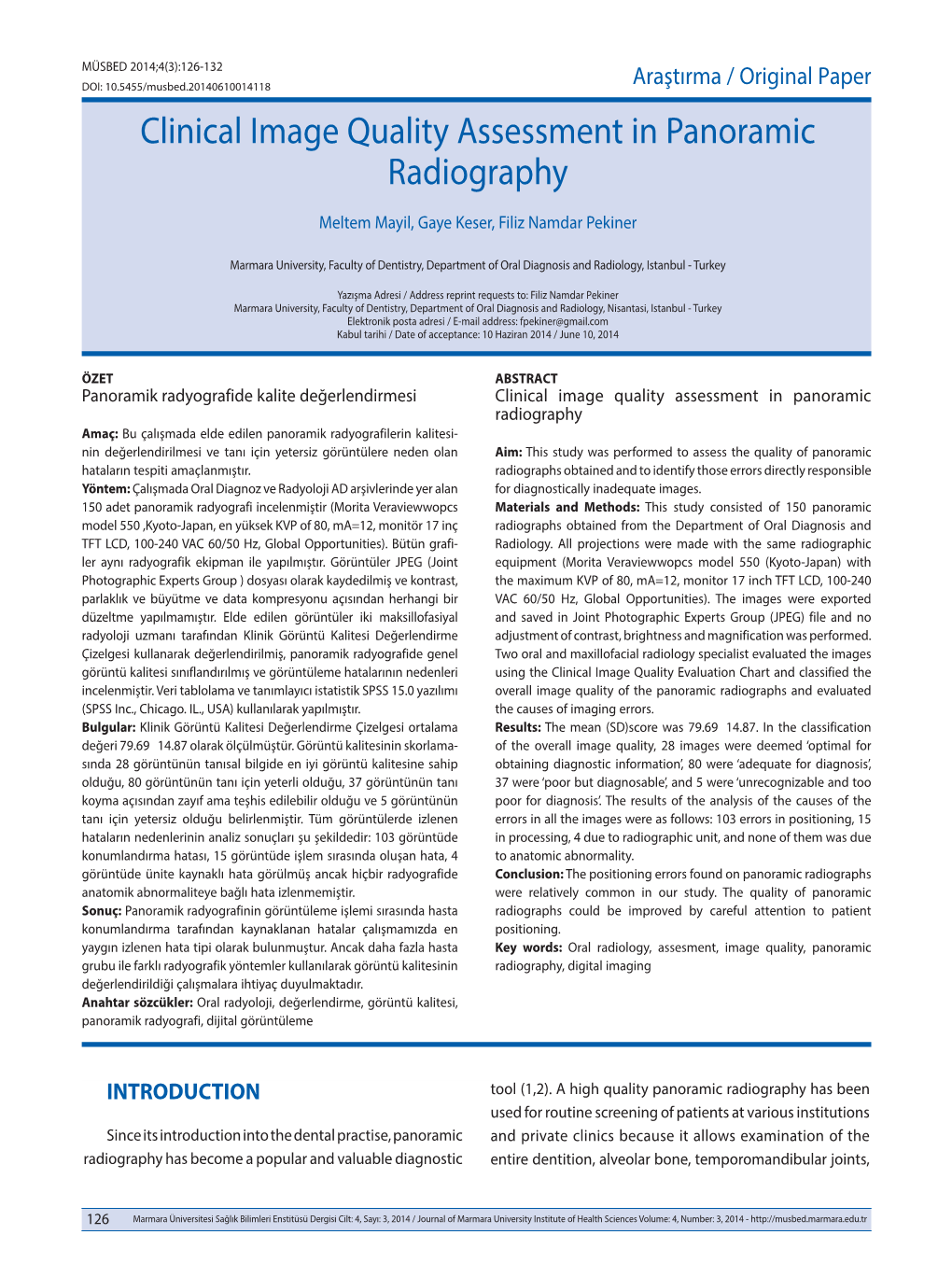 Clinical Image Quality Assessment in Panoramic Radiography